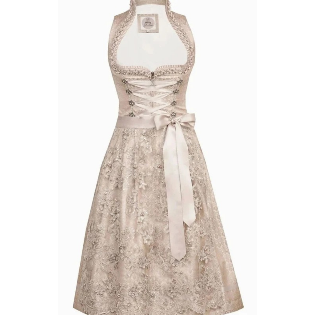 Bernadette | Damen Beige Oktoberfest Dirndl Mit Spitzen Details Und Schleifenband