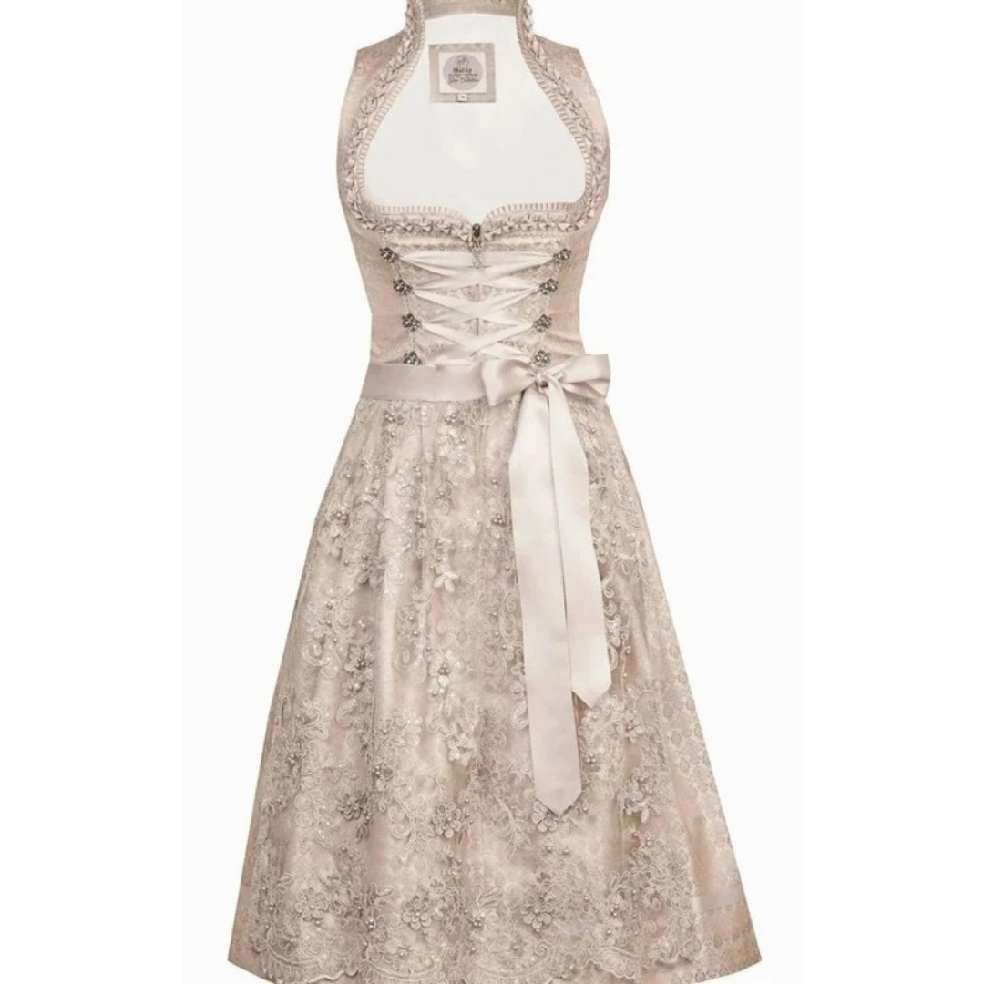 Bernadette | Damen Beige Oktoberfest Dirndl Mit Spitzen Details Und Schleifenband