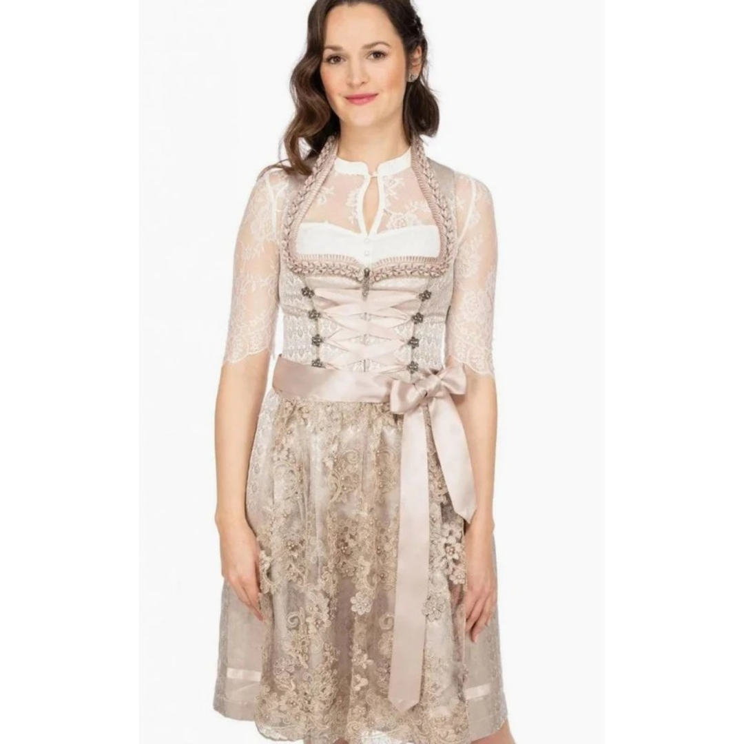 Bernadette | Damen Beige Oktoberfest Dirndl Mit Spitzen Details Und Schleifenband