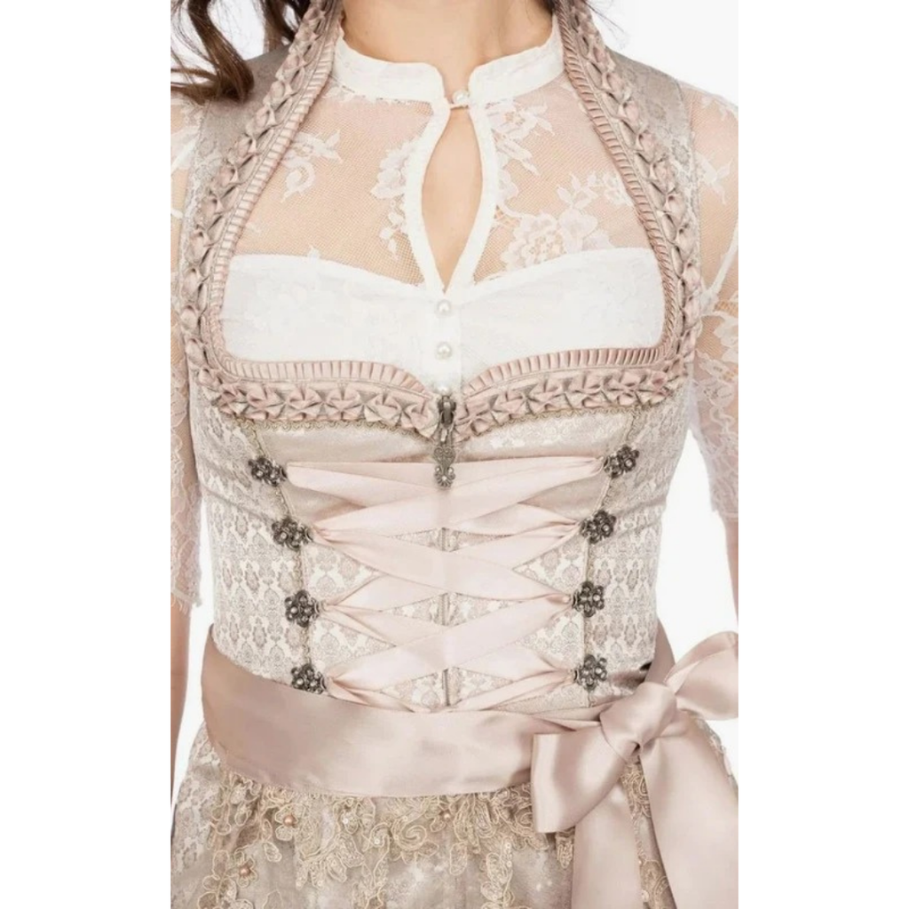 Bernadette | Damen Beige Oktoberfest Dirndl Mit Spitzen Details Und Schleifenband