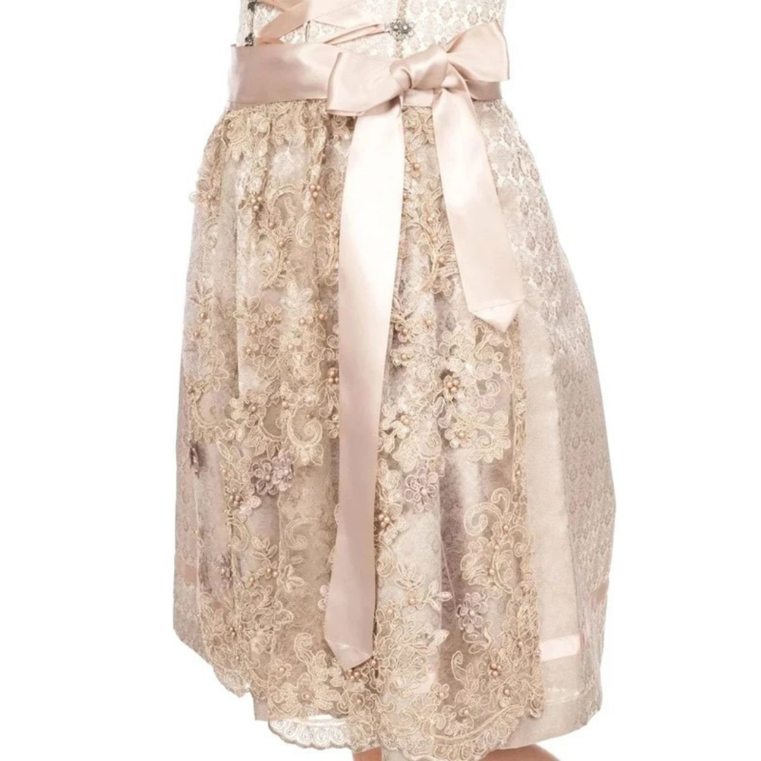 Bernadette | Damen Beige Oktoberfest Dirndl Mit Spitzen Details Und Schleifenband