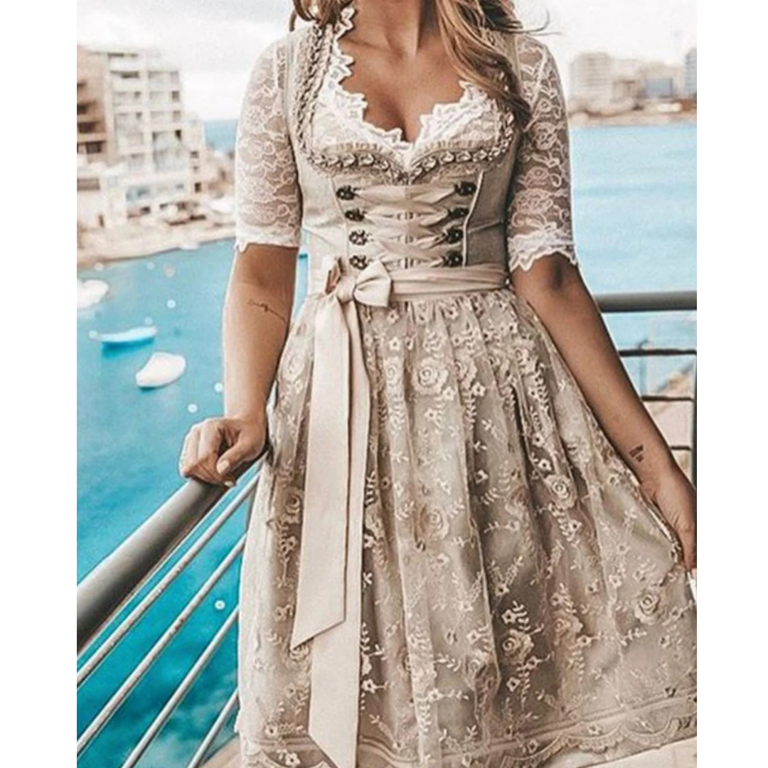 Bernadette | Damen Beige Oktoberfest Dirndl Mit Spitzen Details Und Schleifenband