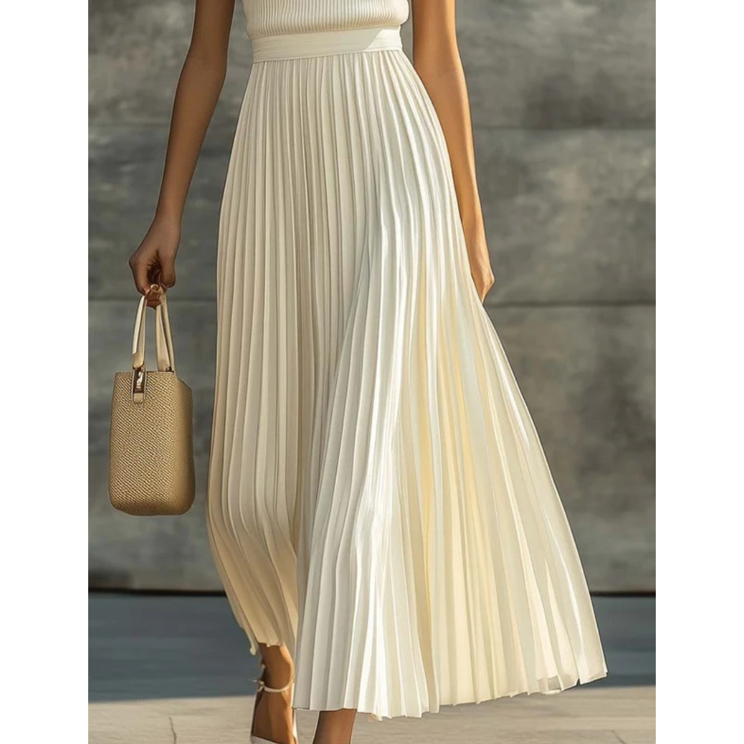 Bernadette | Damen Creme Maxikleid Plissee Stilvoll