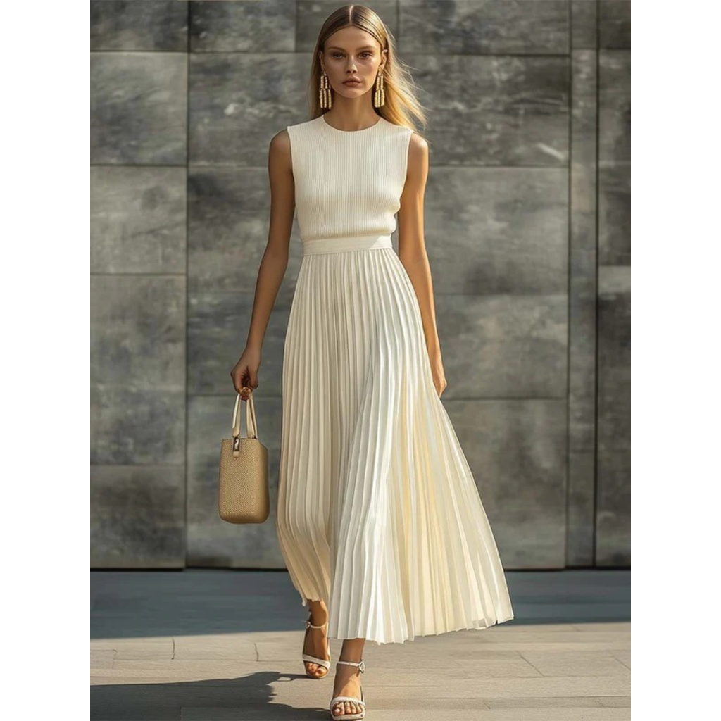 Bernadette | Damen Creme Maxikleid Plissee Stilvoll