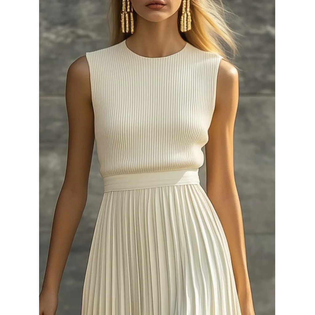 Bernadette | Damen Creme Maxikleid Plissee Stilvoll