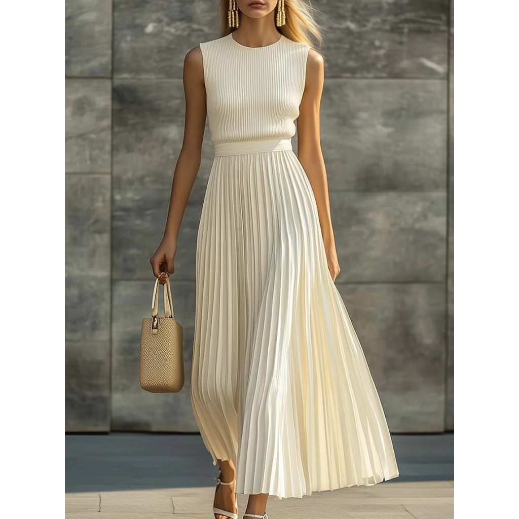 Bernadette | Damen Creme Maxikleid Plissee Stilvoll