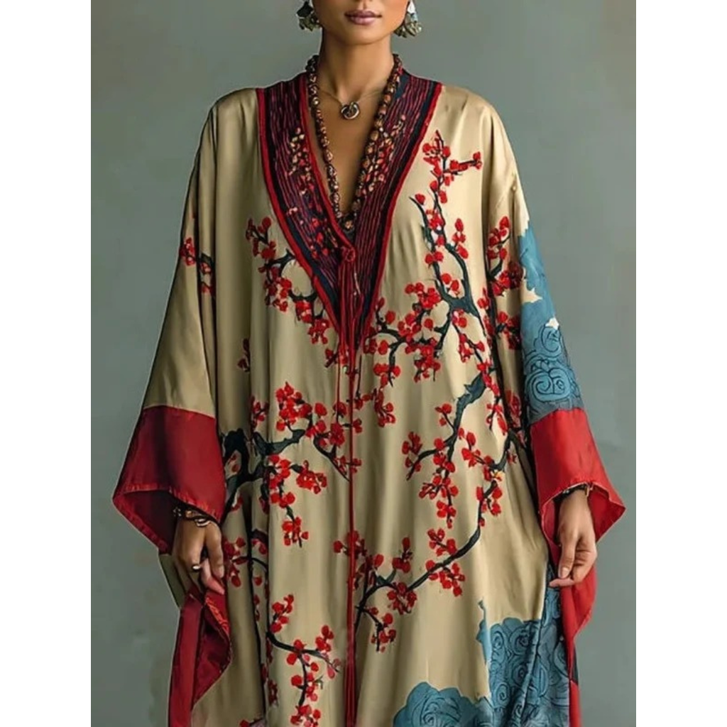 Bettina | Damen Rotes Maxi kleid langarm mit Blumenmuster