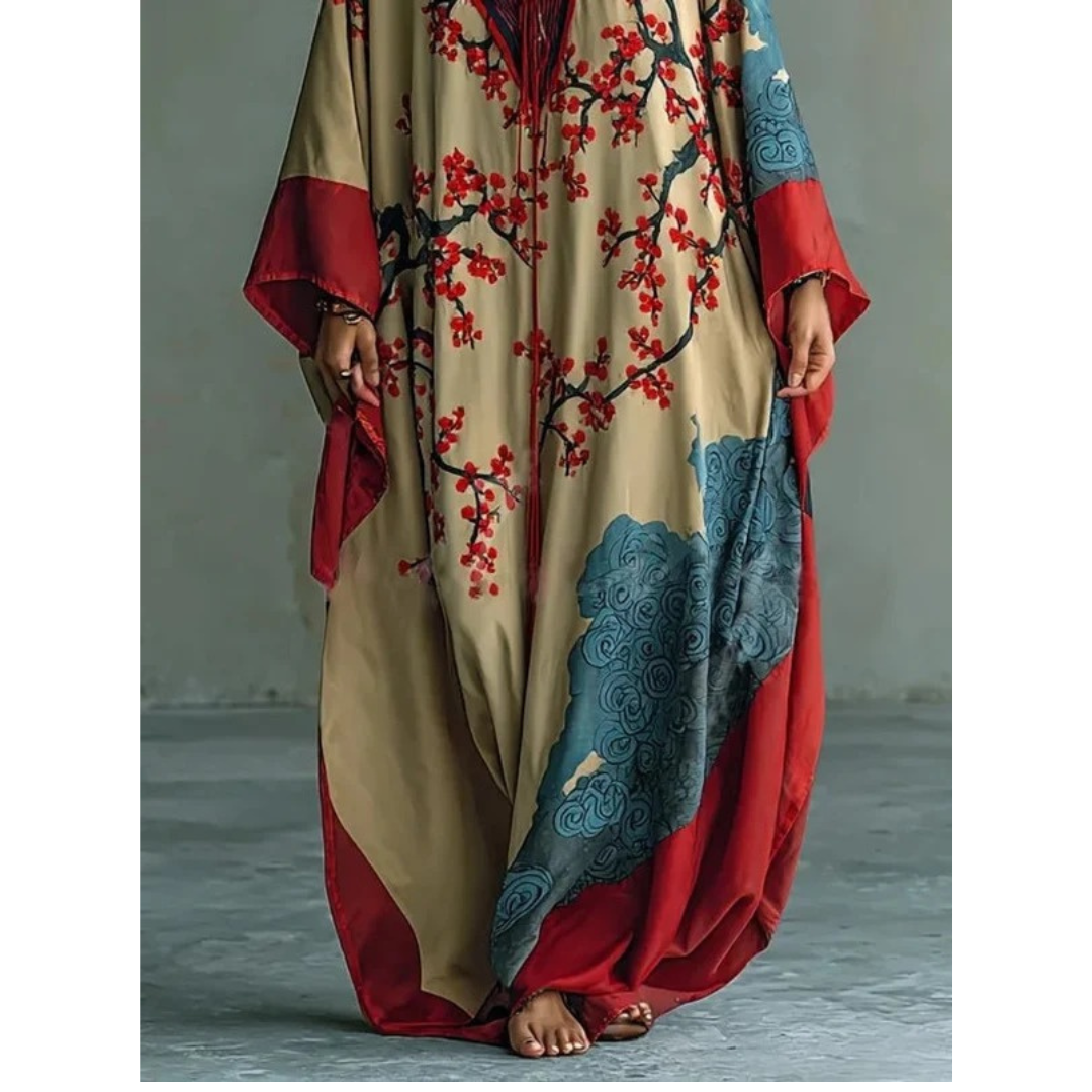 Bettina | Damen Rotes Maxi kleid langarm mit Blumenmuster