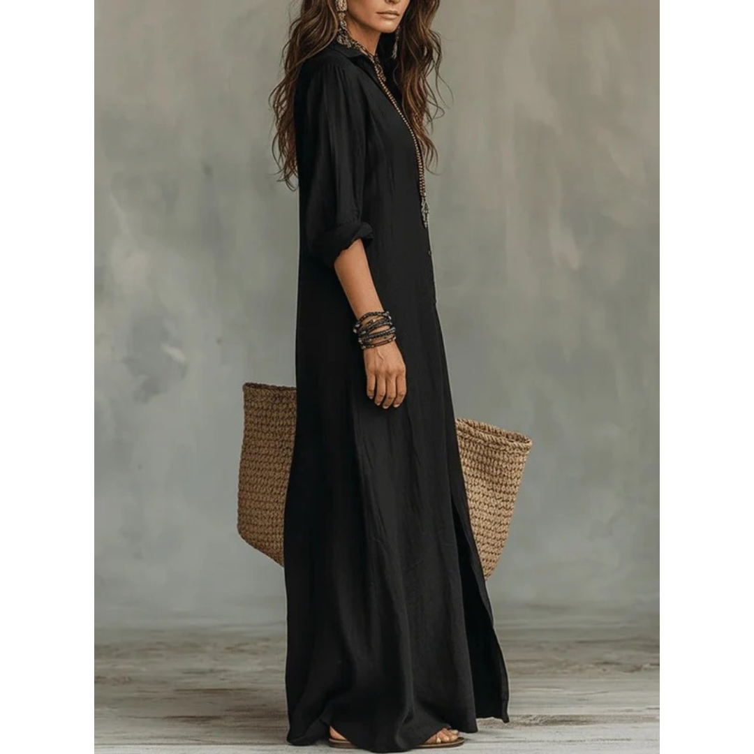 Bianca | Damen Langarm Maxikleid mit Kragen und Knöpfen