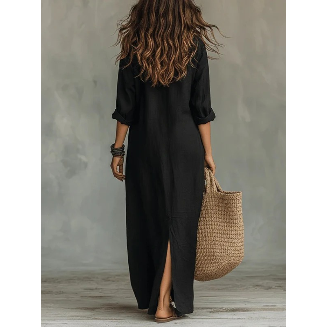 Bianca | Damen Langarm Maxikleid mit Kragen und Knöpfen