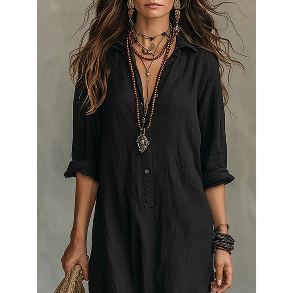 Bianca | Damen Langarm Maxikleid mit Kragen und Knöpfen