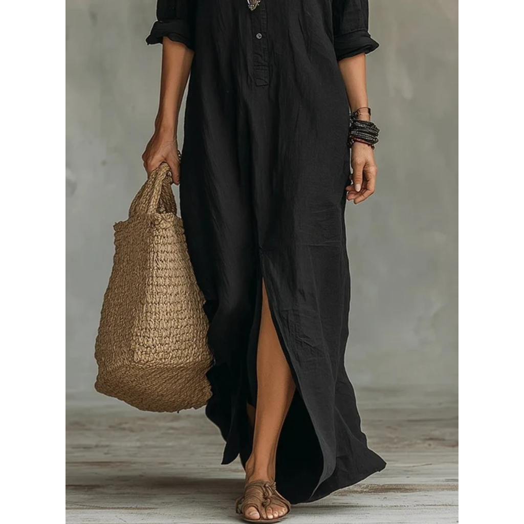 Bianca | Damen Langarm Maxikleid mit Kragen und Knöpfen