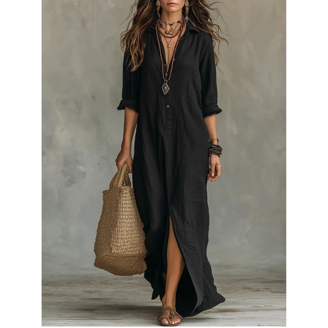 Bianca | Damen Langarm Maxikleid mit Kragen und Knöpfen