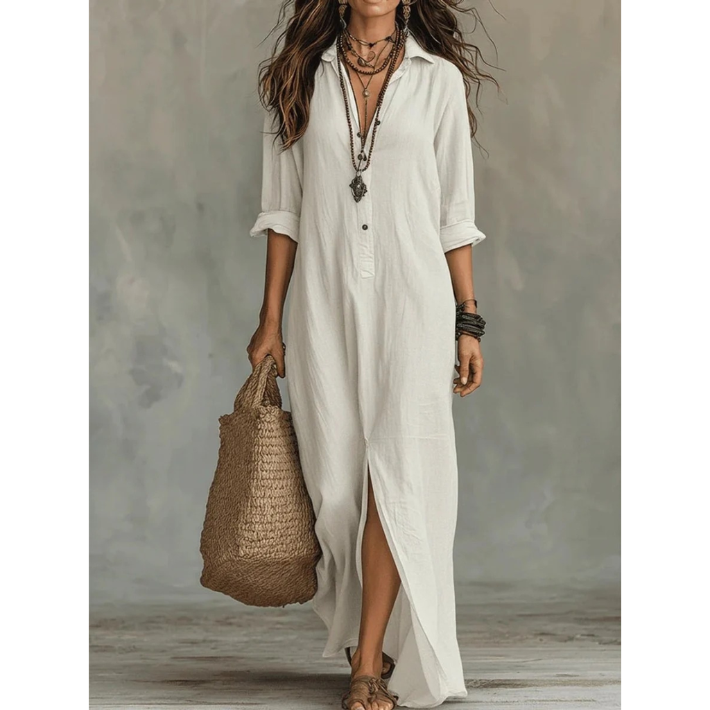Bianca | Damen Langarm Maxikleid mit Kragen und Knöpfen