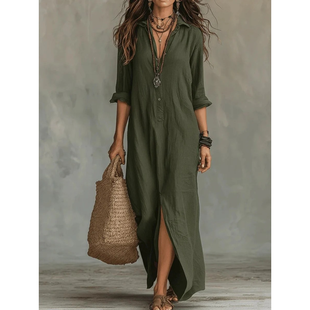 Bianca | Damen Langarm Maxikleid mit Kragen und Knöpfen