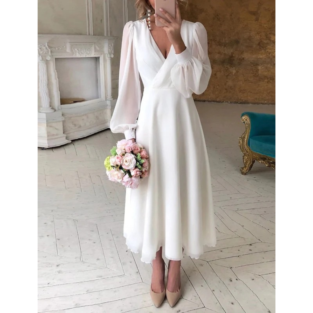 Birgit | Damen Klassisch Weiß Langarm Fliessendes Brautkleid
