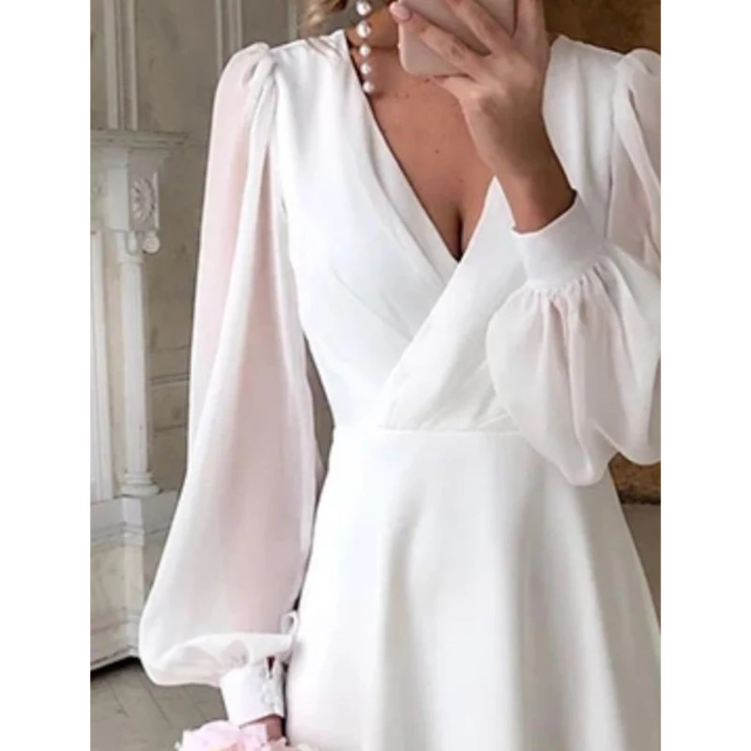 Birgit | Damen Klassisch Weiß Langarm Fliessendes Brautkleid