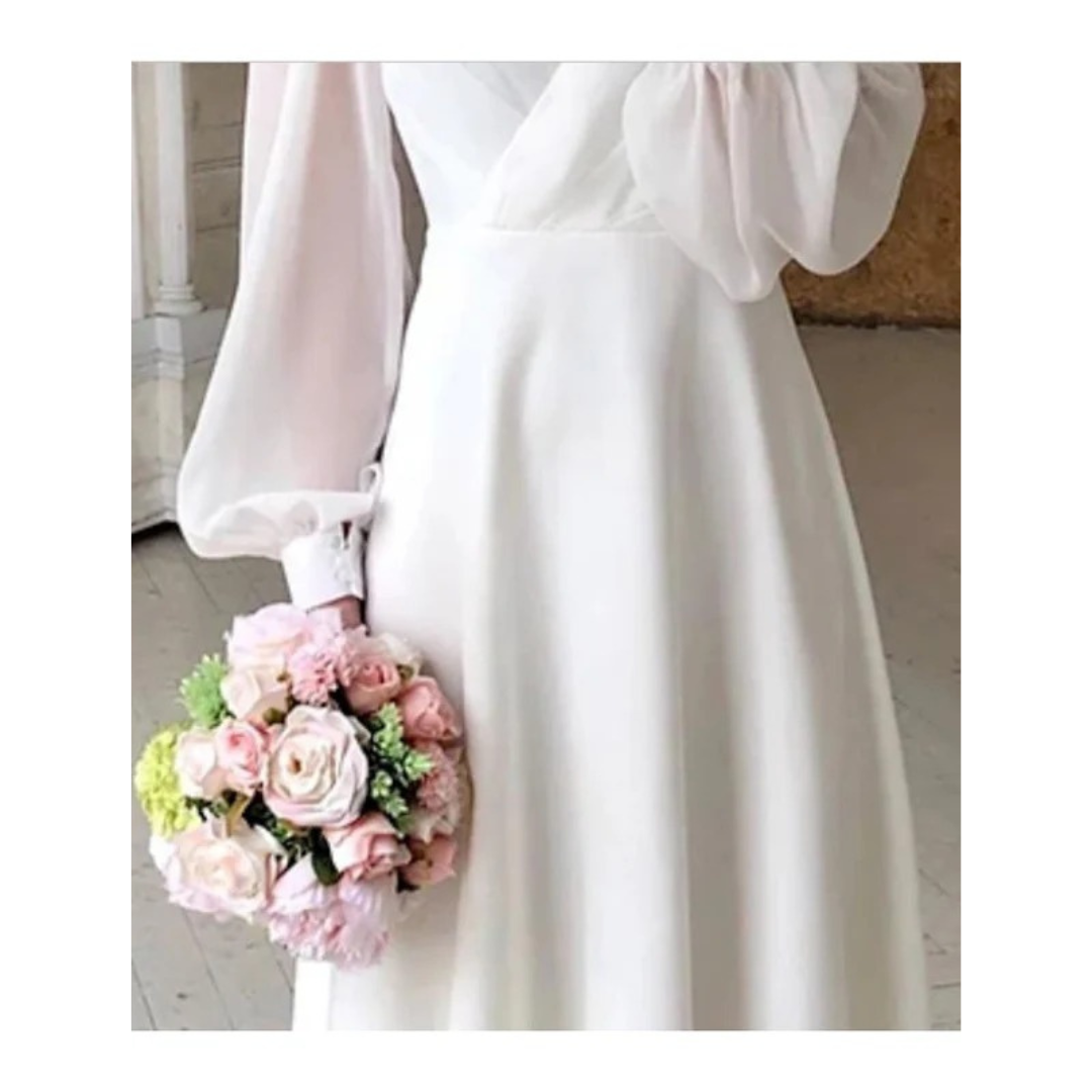 Birgit | Damen Klassisch Weiß Langarm Fliessendes Brautkleid