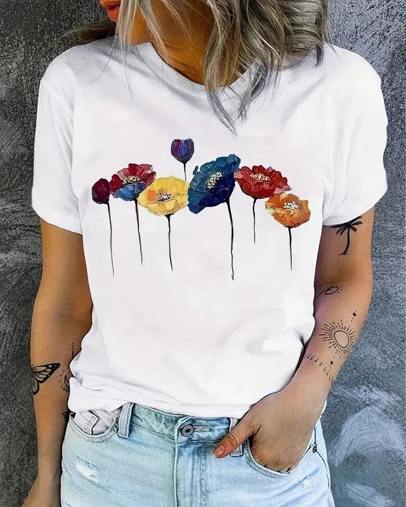 Blumen T-Shirt Kurzarm | Damen Sommer T-Shirt