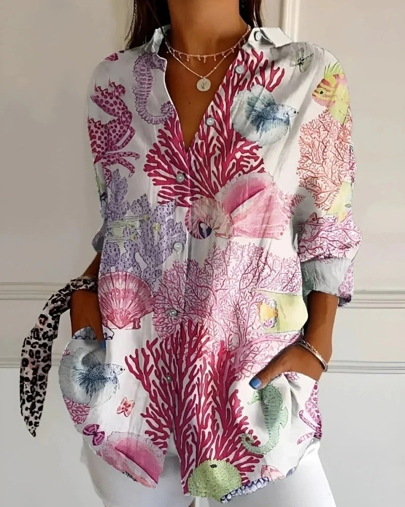 Bluse mit Print und Knopfleiste | Langarm Damen