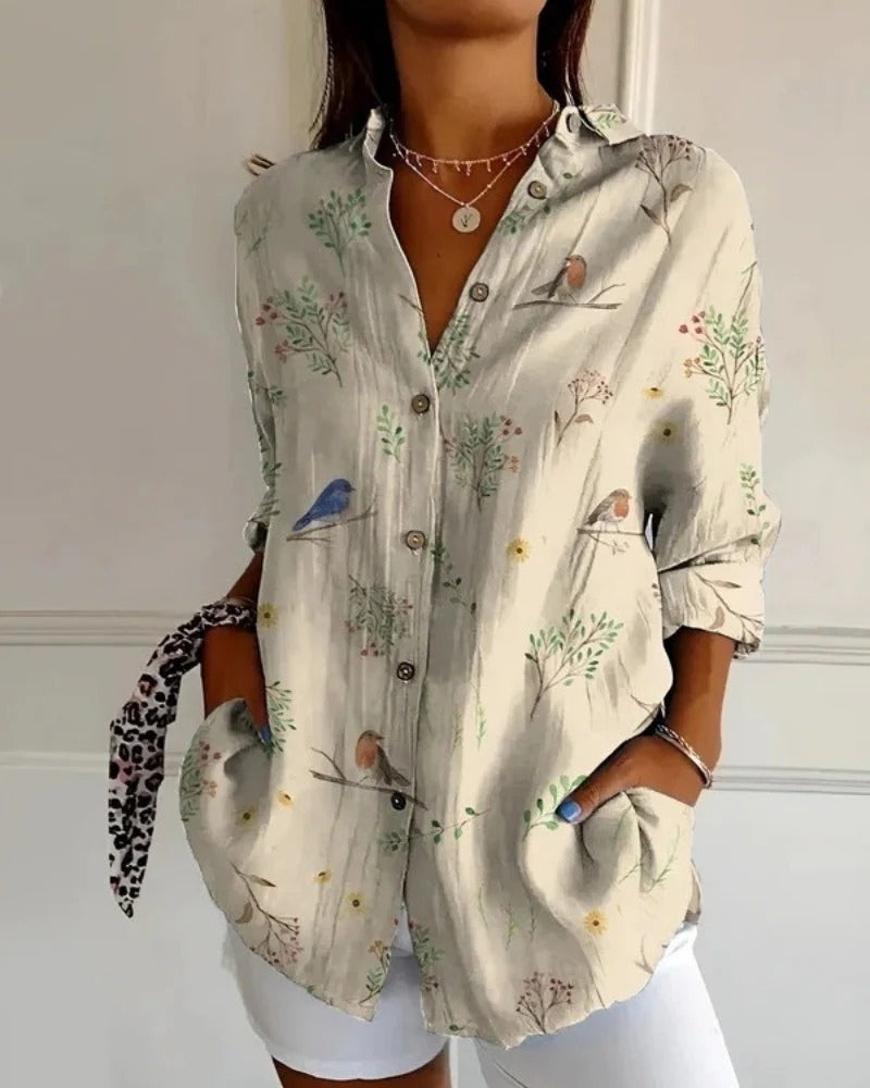 Bluse mit Print und Knopfleiste | Langarm Damen