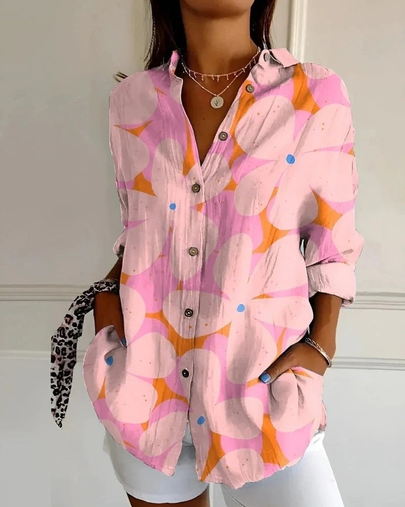 Bluse mit Print und Knopfleiste | Langarm Damen