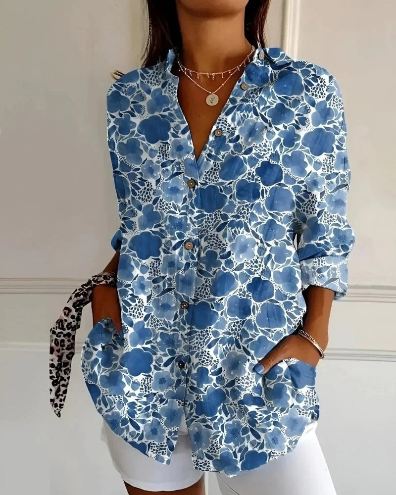 Bluse mit Print und Knopfleiste | Langarm Damen
