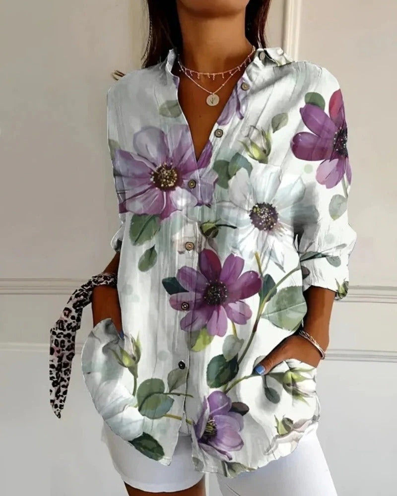 Bluse mit Print und Knopfleiste | Langarm Damen