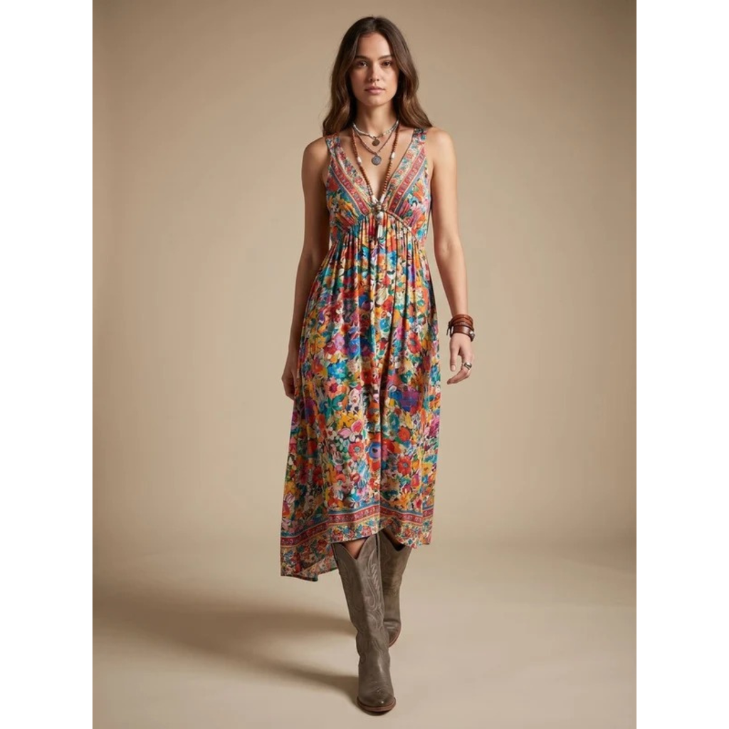 Brielle | Damen Boho Maxikleid mit V Ausschnitt und Vintage Blumenmuster