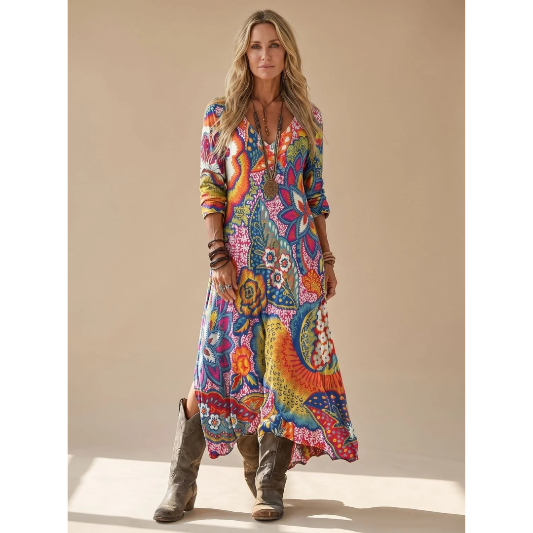 Brielle | Damen Boho Maxikleid mit V Ausschnitt und Vintage Blumenmuster