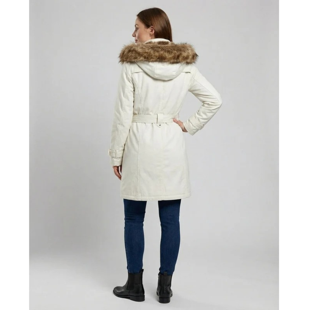 Brigitte | Damen Winterjacke mit Kapuze, Fell Detail, Gürtel Design und Langer Schnitt