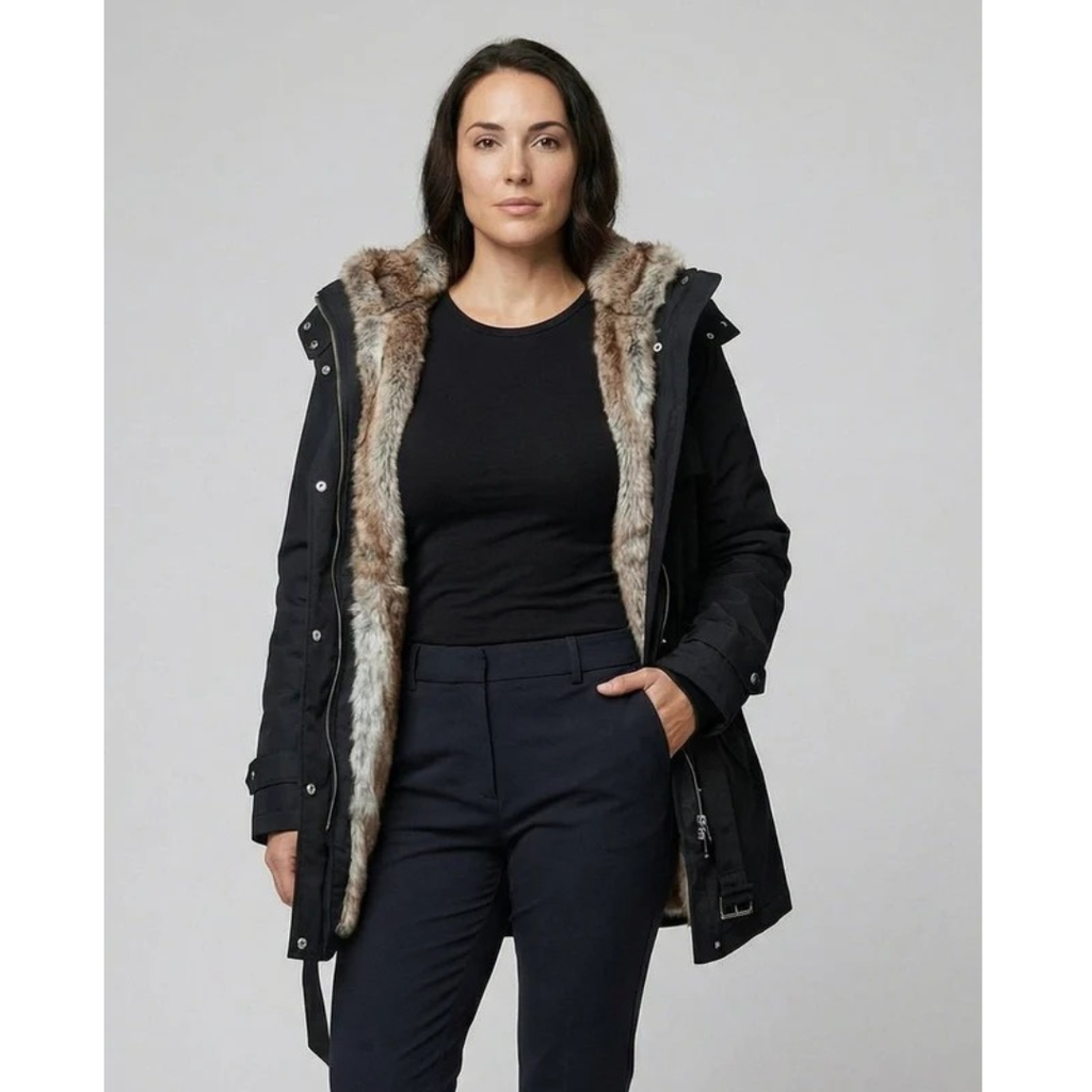 Brigitte | Damen Winterjacke mit Kapuze, Fell Detail, Gürtel Design und Langer Schnitt