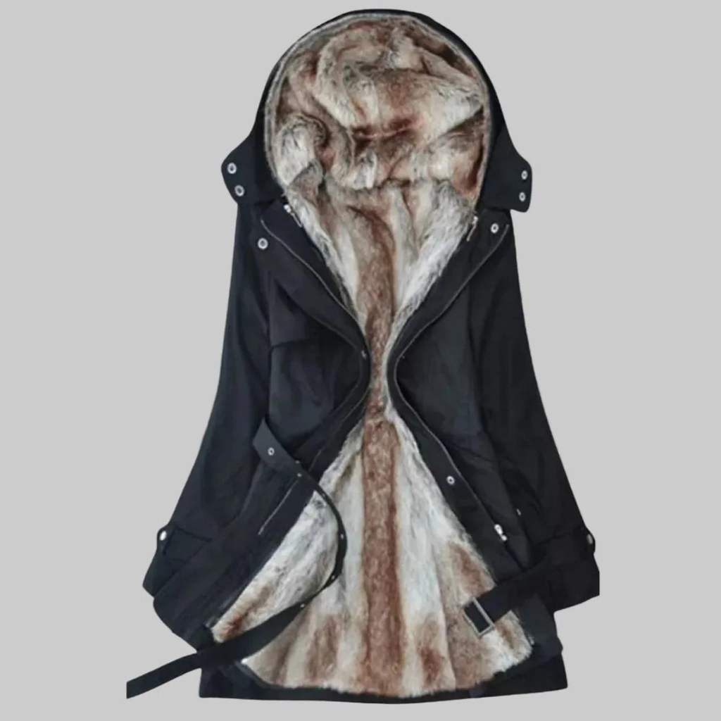 Brigitte | Damen Winterjacke mit Kapuze, Fell Detail, Gürtel Design und Langer Schnitt