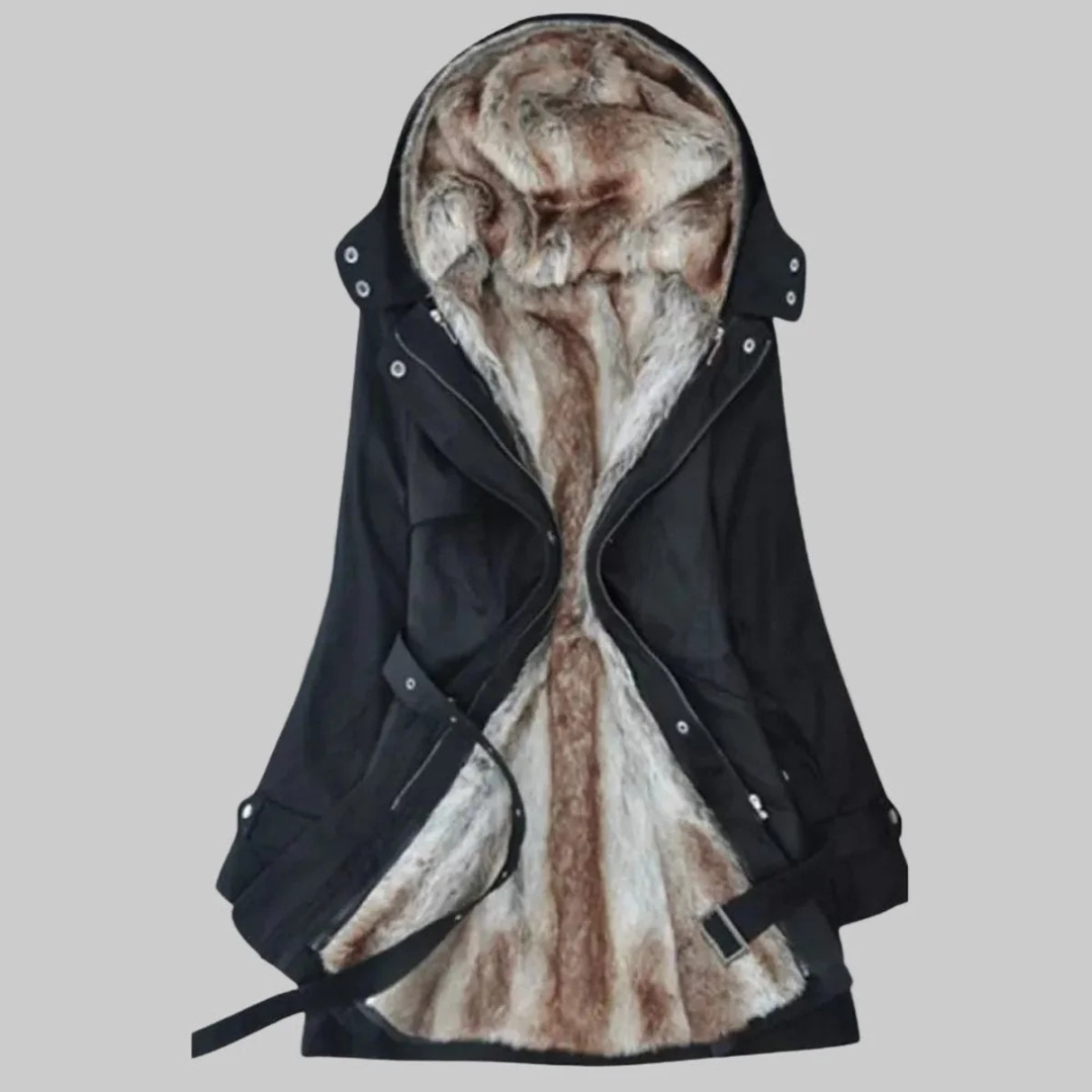 Brigitte | Damen Winterjacke mit Kapuze, Fell Detail, Gürtel Design und Langer Schnitt