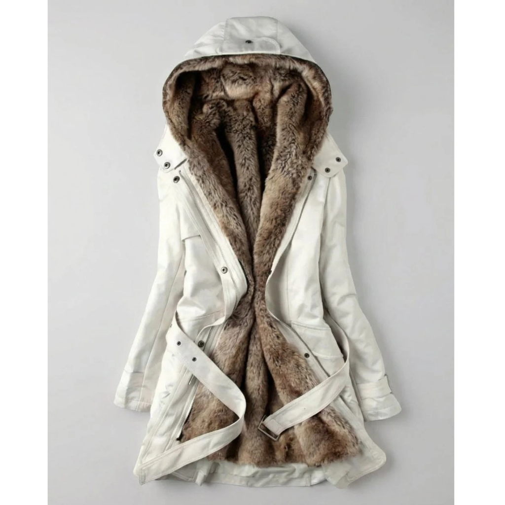 Brigitte | Damen Winterjacke mit Kapuze, Fell Detail, Gürtel Design und Langer Schnitt