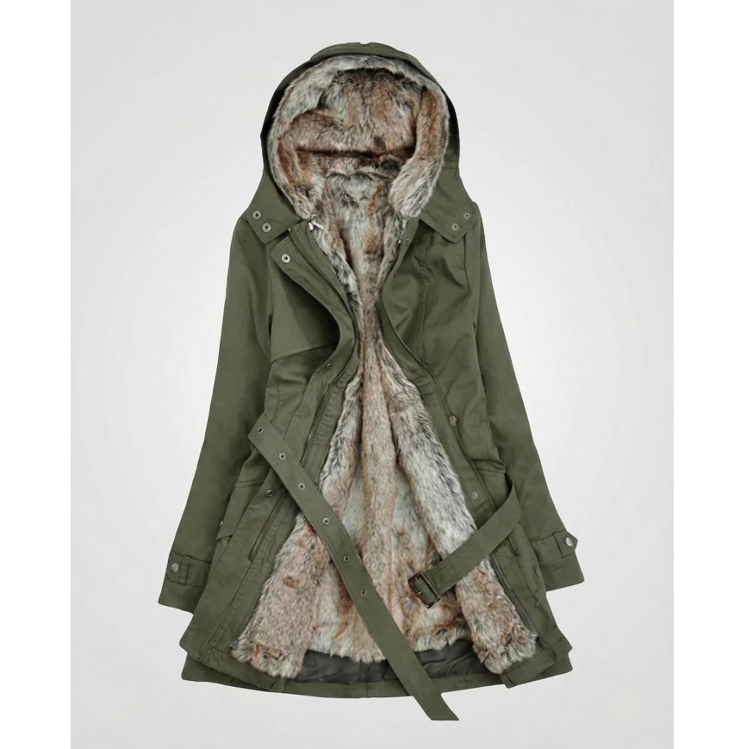 Brigitte | Damen Winterjacke mit Kapuze, Fell Detail, Gürtel Design und Langer Schnitt