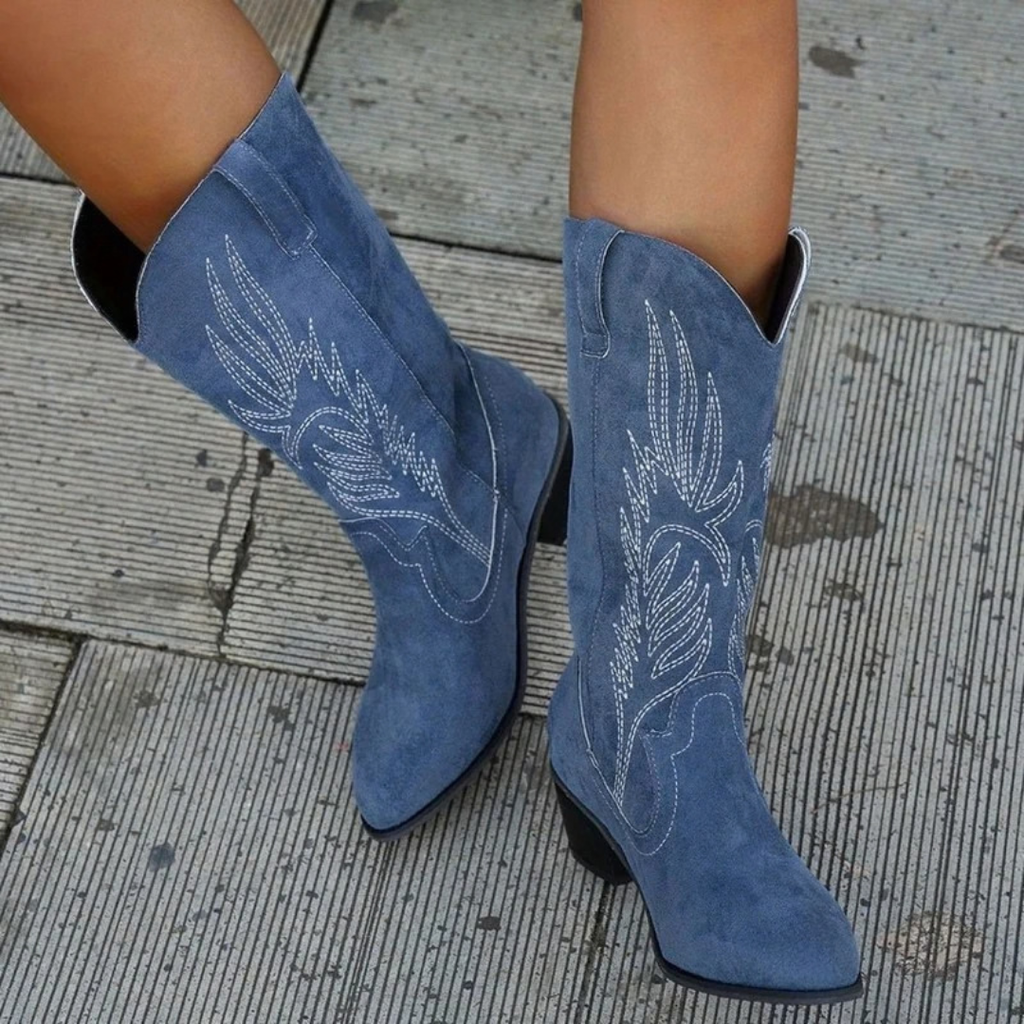 Bruna | Damen Blaue Orthopädische stiefel mit weitem Schaft und Stickerei