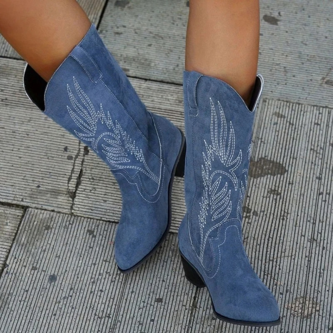 Bruna | Damen Blaue Orthopädische stiefel mit weitem Schaft und Stickerei