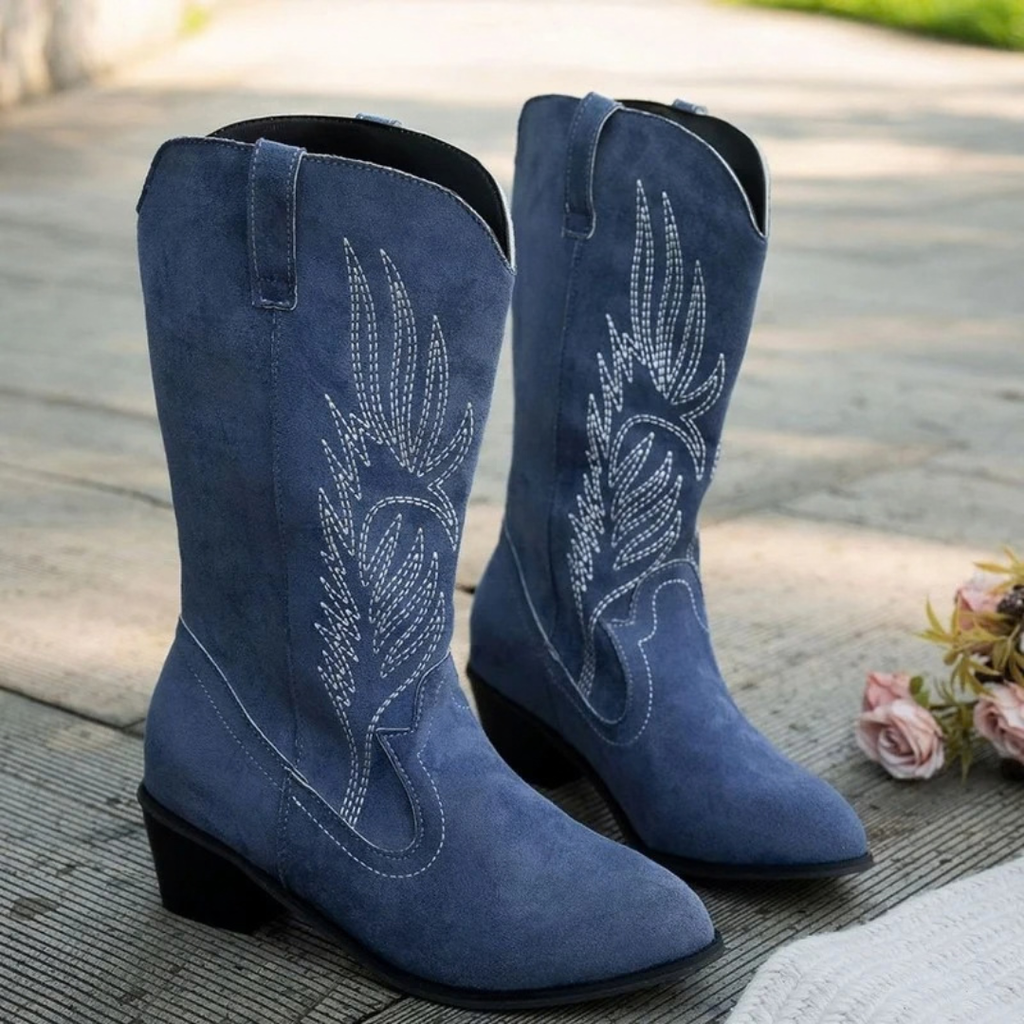 Bruna | Damen Blaue Orthopädische stiefel mit weitem Schaft und Stickerei
