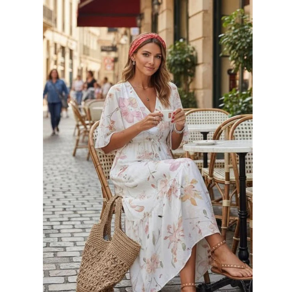 Brunhilde | Damen Boho Maxikleid Mit V-Ausschnitt