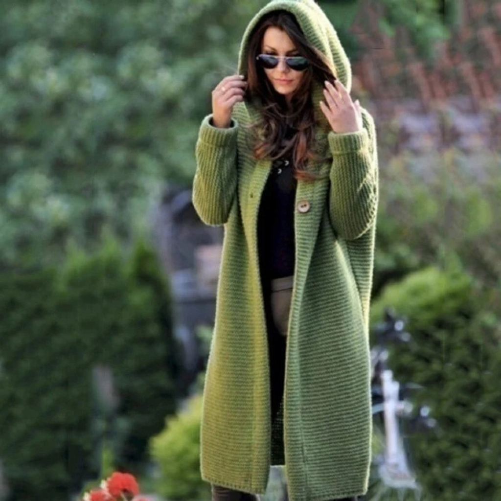 Brunhilde | Damen Strickjacke mit Kapuze, Langer Strickmantel für Herbst und Winter