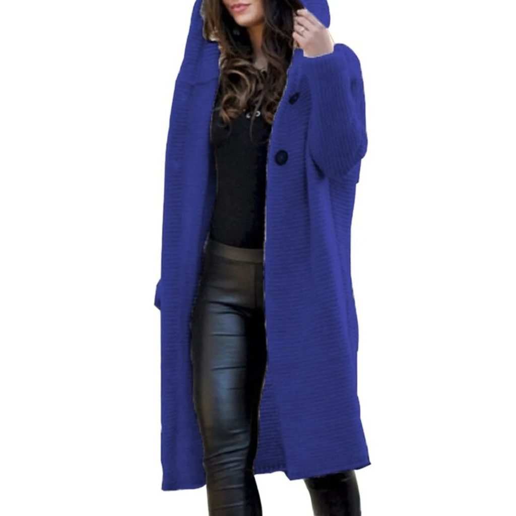 Brunhilde | Damen Strickjacke mit Kapuze, Langer Strickmantel für Herbst und Winter