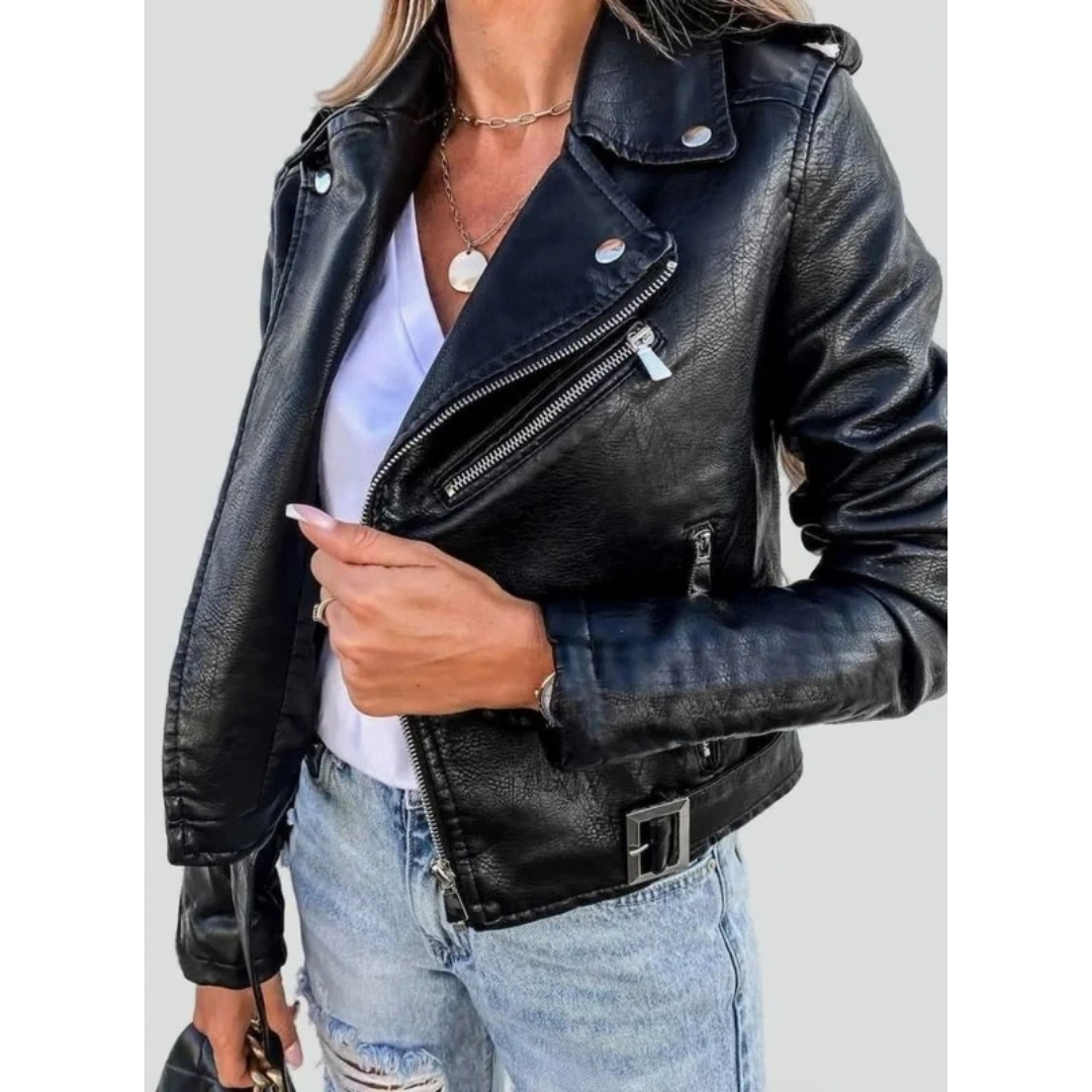 Carmen | Damen Jacke aus Kunstleder mit Gürtel und Reißverschluss