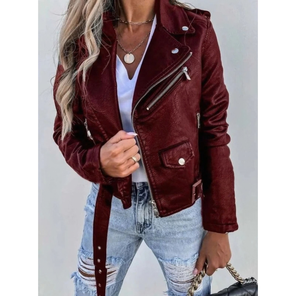 Carmen | Damen Jacke aus Kunstleder mit Gürtel und Reißverschluss
