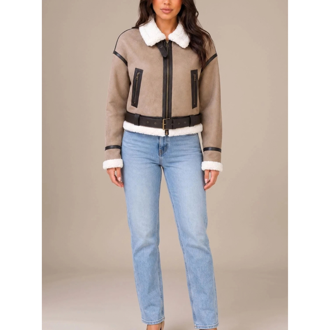 Carola | Damen Winterjacke Kurz mit Gürtel und Taschen