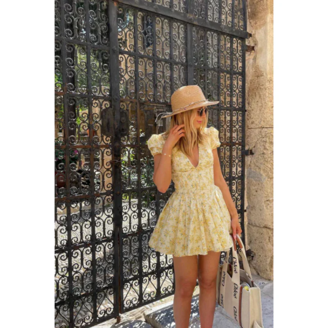 Caroline | Damen Gelbes Florales Minikleid Boho