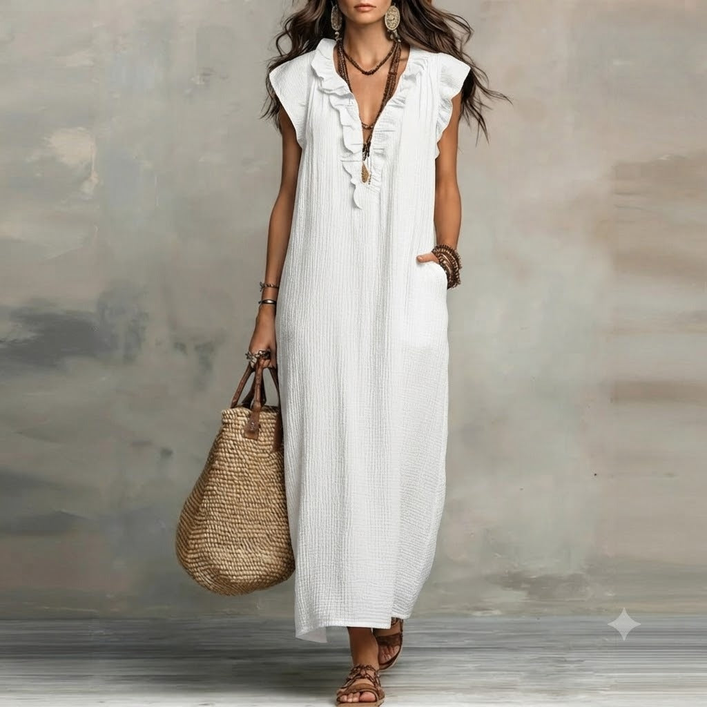 Caroline | Damen Rüschen Maxikleid Mit V-Ausschnitt
