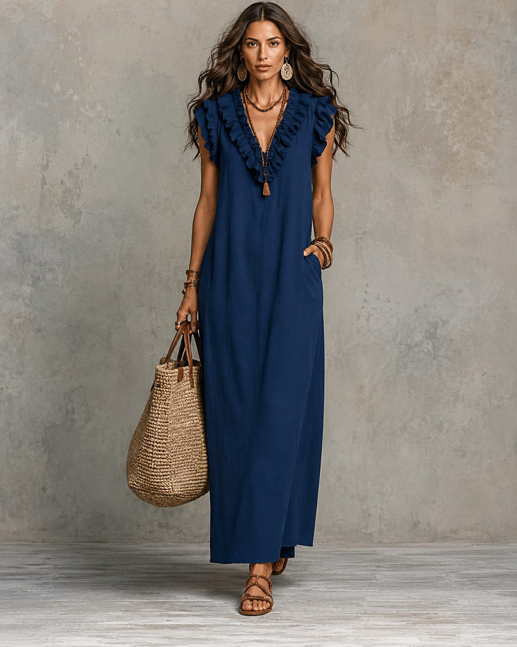 Caroline | Damen Rüschen Maxikleid Mit V-Ausschnitt