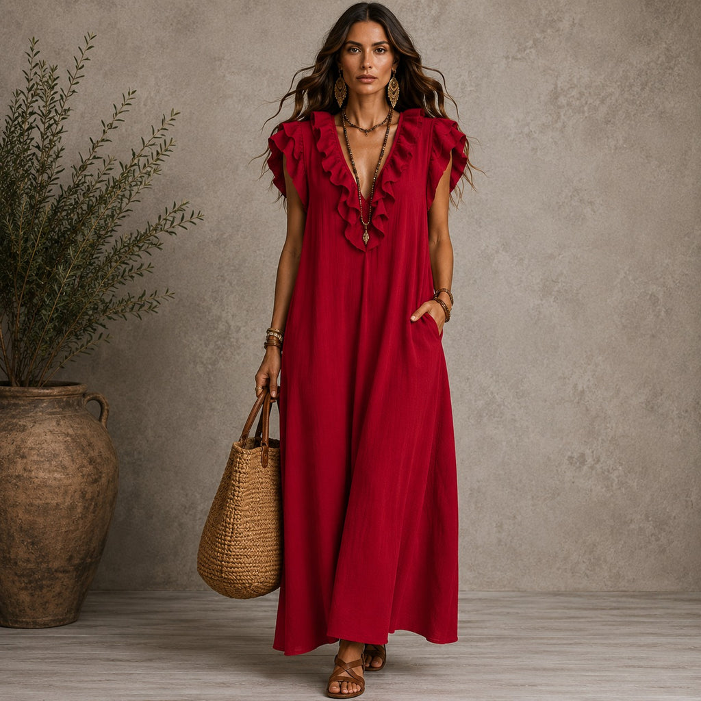 Caroline | Damen Rüschen Maxikleid Mit V-Ausschnitt