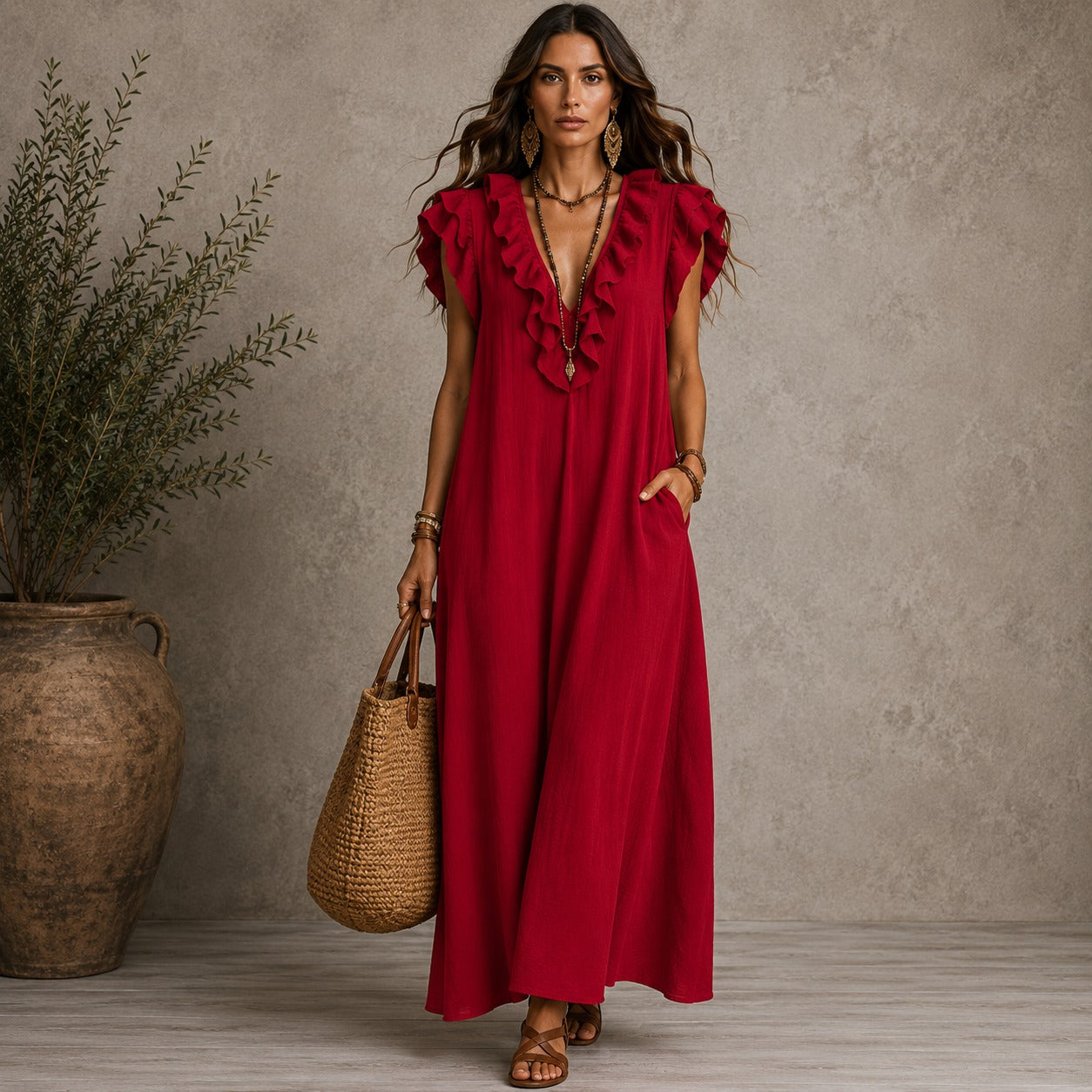 Caroline | Damen Rüschen Maxikleid Mit V-Ausschnitt